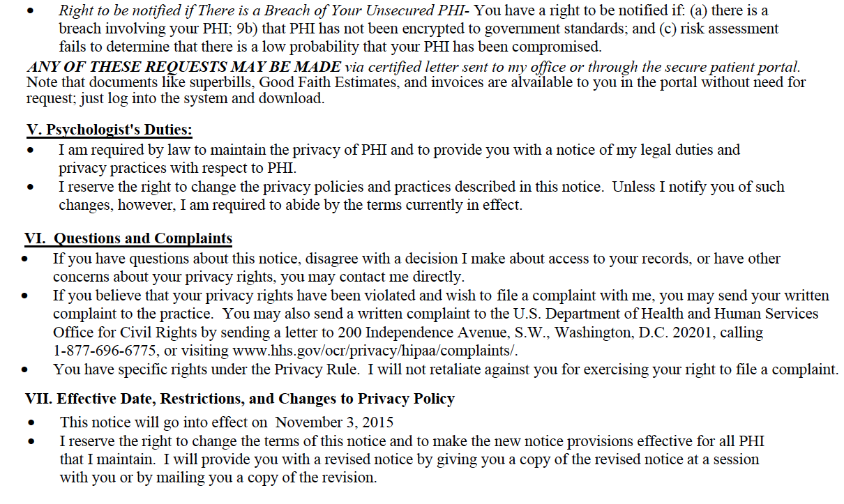 fourth of four screen shots of HIPAA Privacy Policy documaent