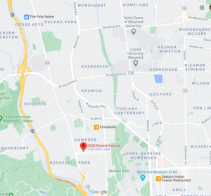 map showing location of Baltimore Minds at 3600 Roland Ave